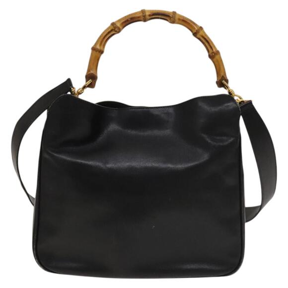 GUCCI Bamboo Hand Bag Leather Black Gold 001 2113 001 2113 - Picture 2 of 12